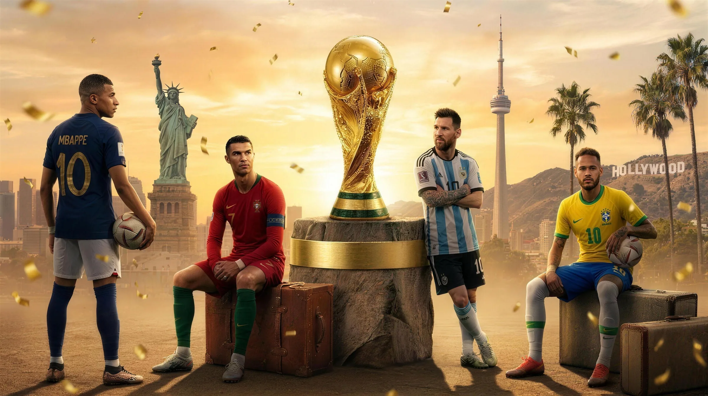 Ronaldo, Messi, Neymar and Mbappé gathered around the golden trophy with host city skylines behind them